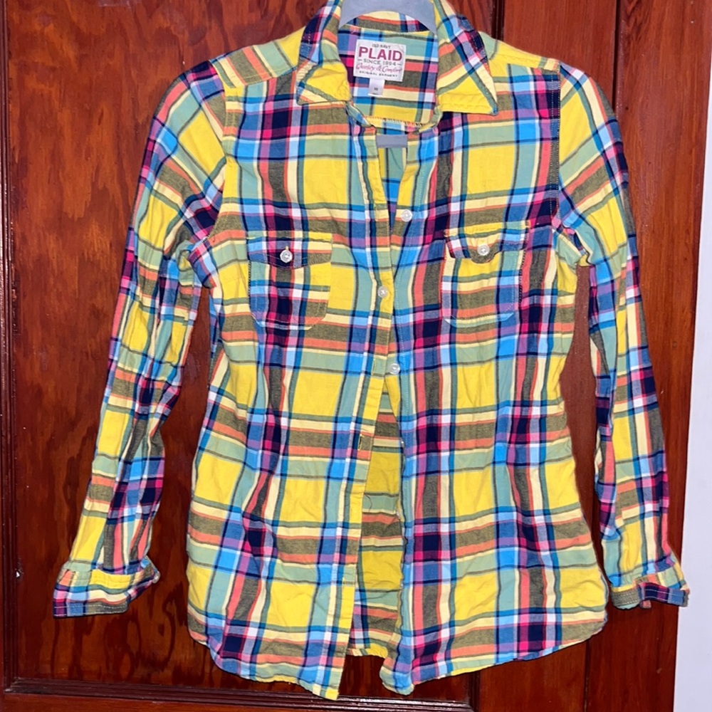 Extra small, Old Navy., multicolored plaid, button up shirt.